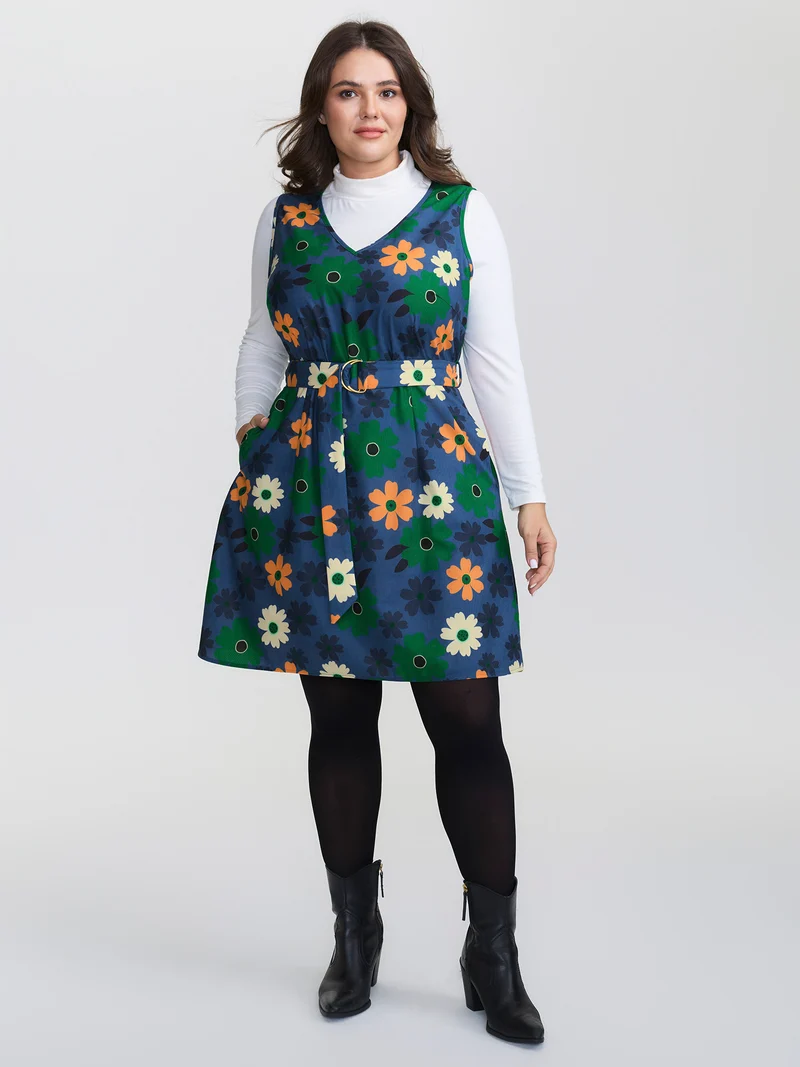 Floral Belted Waist-Defining Knee Dress