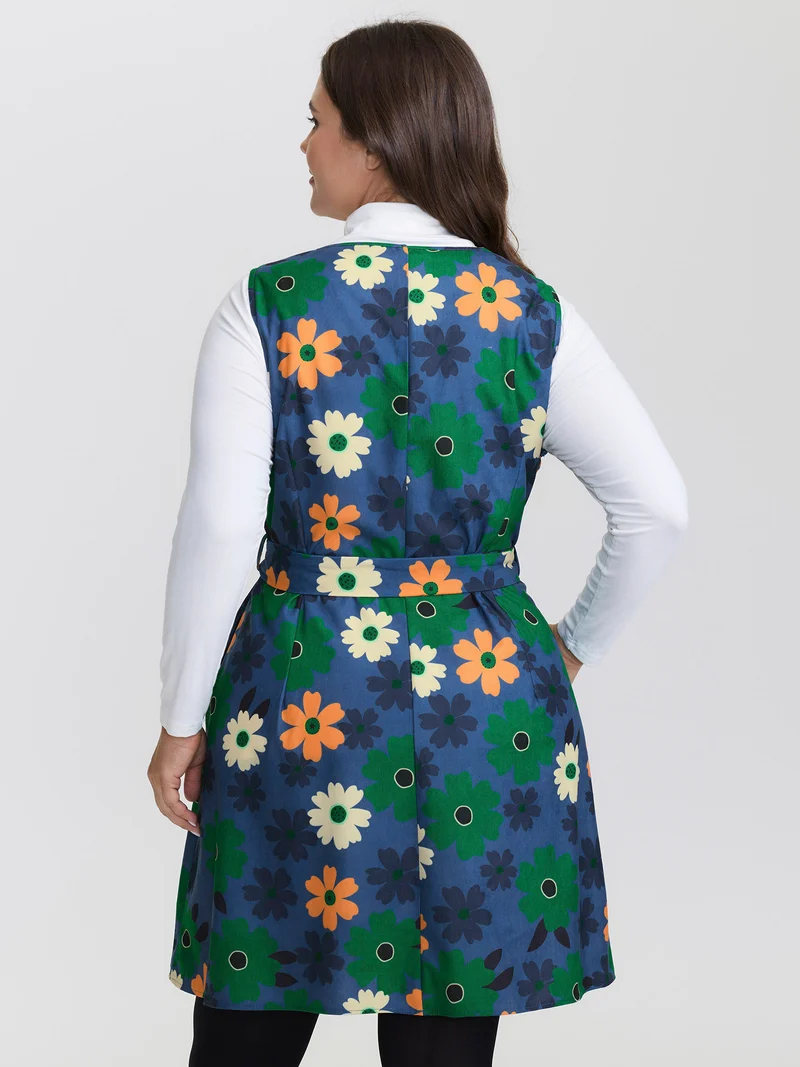 Floral Belted Waist-Defining Knee Dress