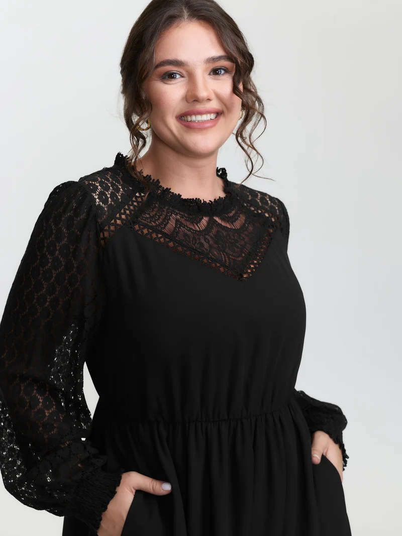 Sheer Lace Cut-Out Detail Midi Dress