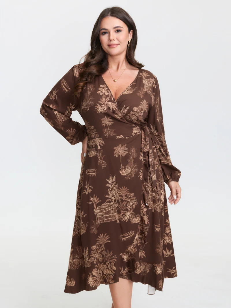 Jouy Pattern Stretch Twill Wrap Midi Dress