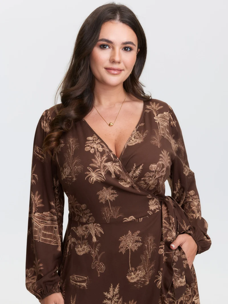Jouy Pattern Stretch Twill Wrap Midi Dress