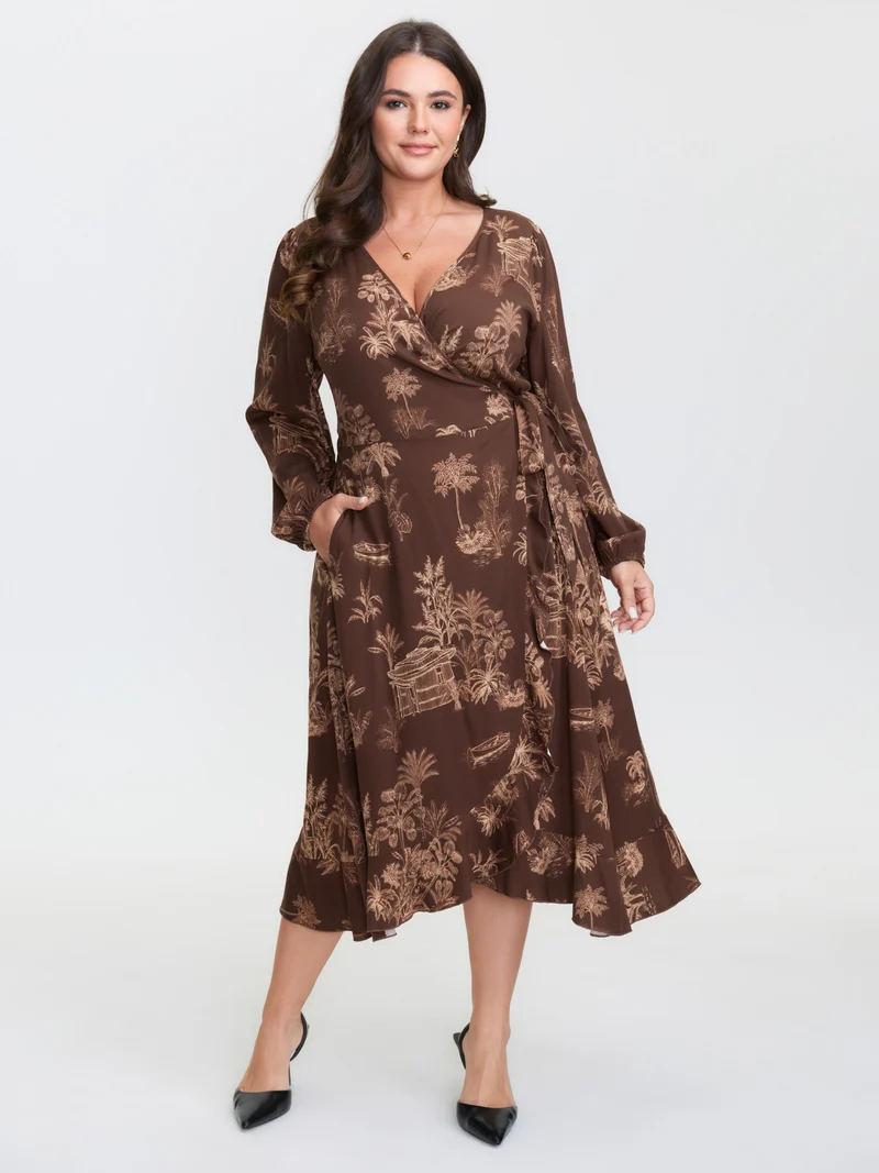 Jouy Pattern Stretch Twill Wrap Midi Dress