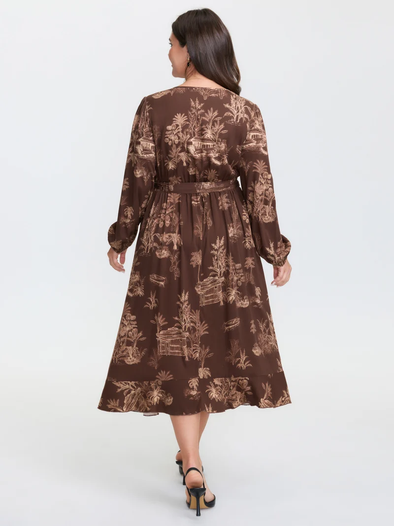 Jouy Pattern Stretch Twill Wrap Midi Dress