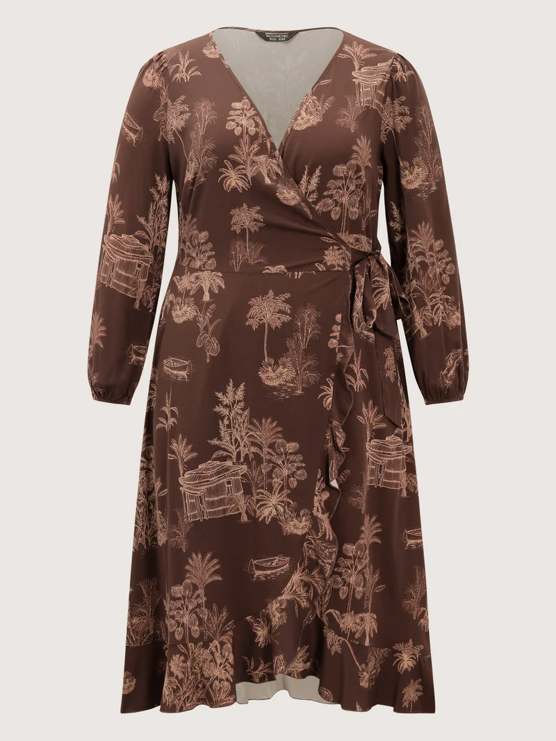 Jouy Pattern Stretch Twill Wrap Midi Dress