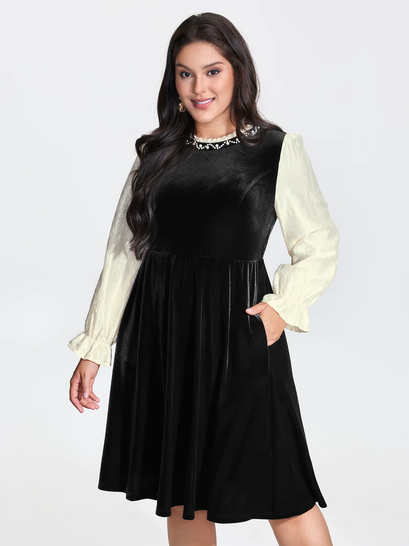 Velvet Contrast Pearl Detail Midi Dress