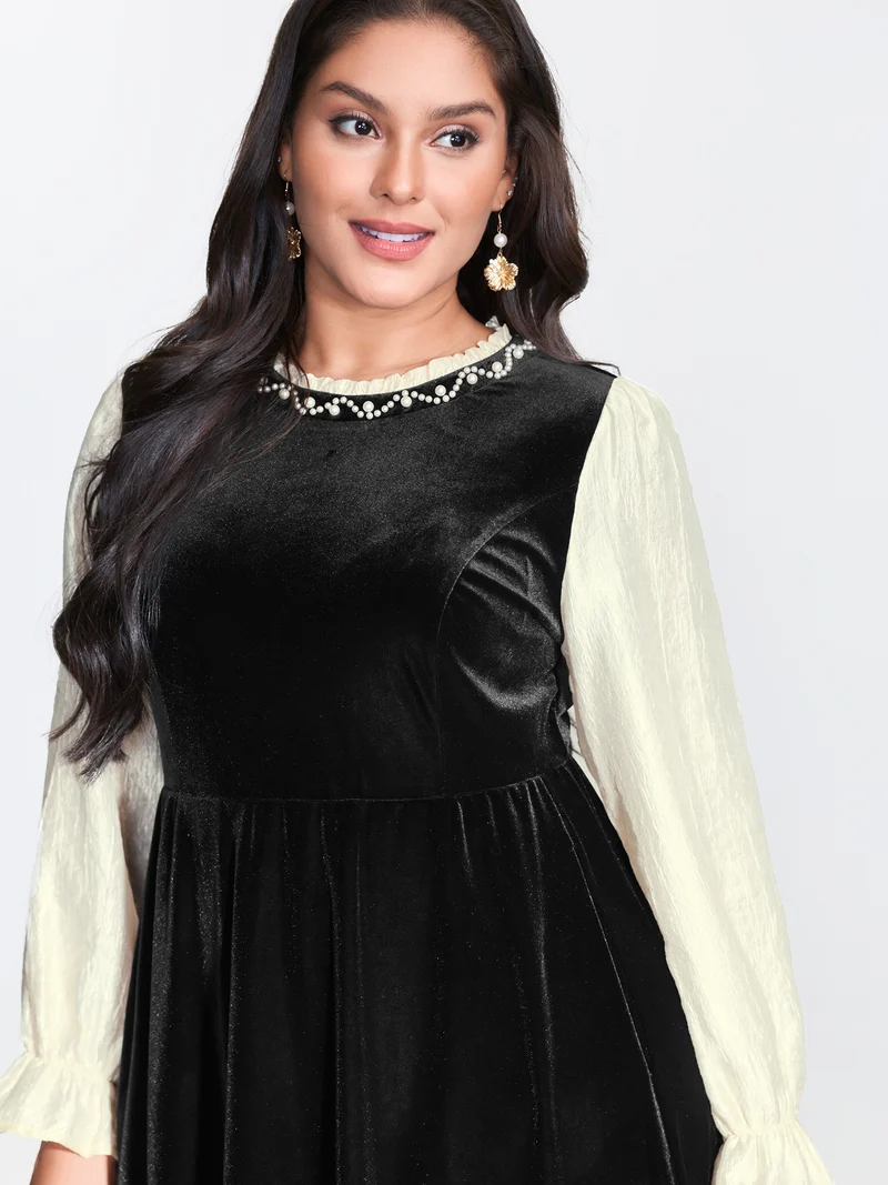 Velvet Contrast Pearl Detail Midi Dress