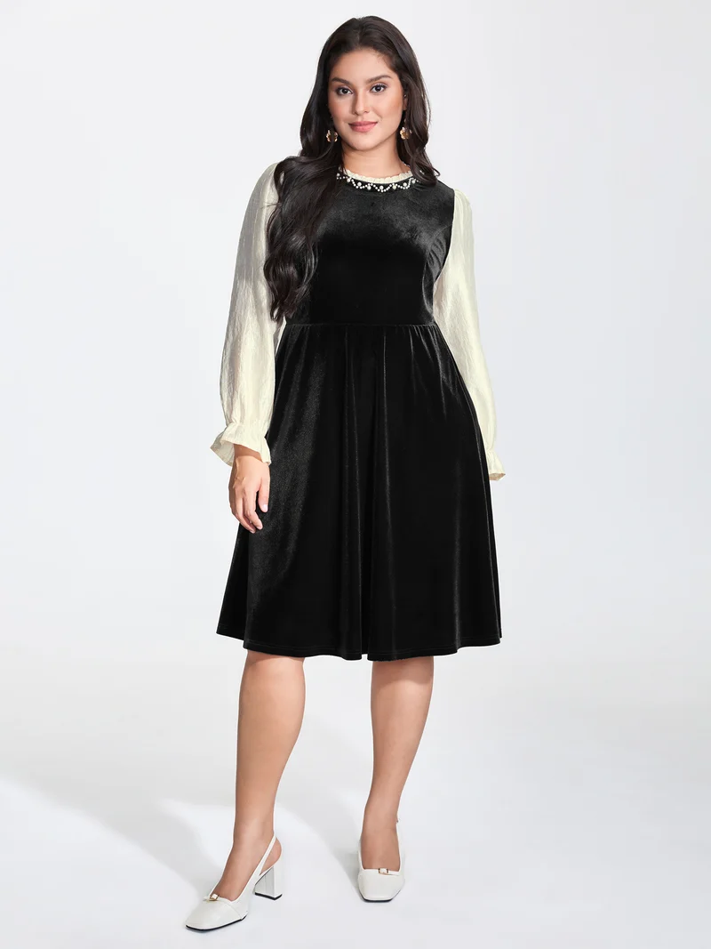 Velvet Contrast Pearl Detail Midi Dress