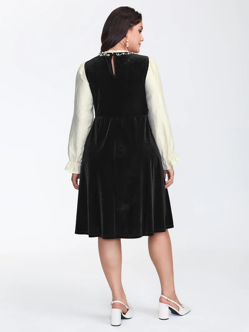 Velvet Contrast Pearl Detail Midi Dress