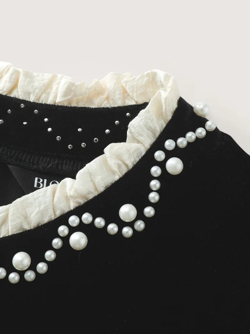 Velvet Contrast Pearl Detail Midi Dress