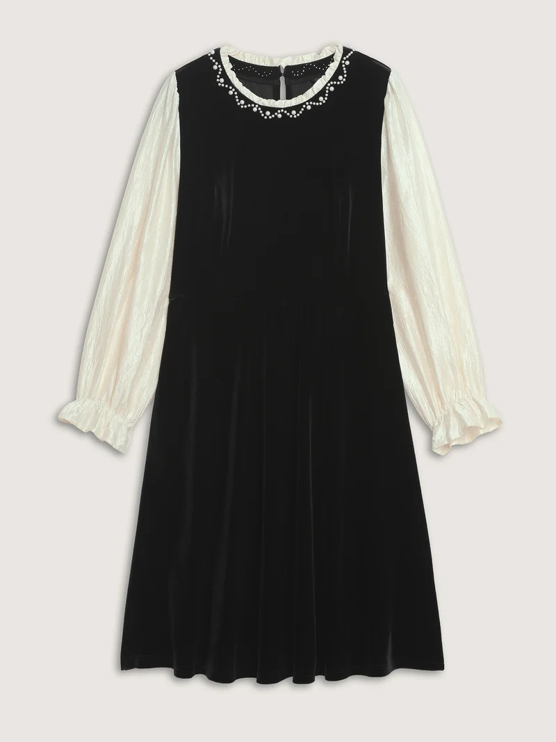 Velvet Contrast Pearl Detail Midi Dress