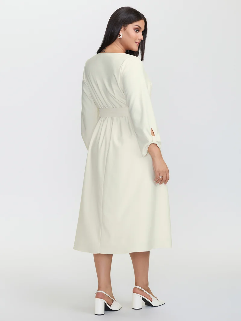 Pleated Split Neck Waist-Tie Maxi Dress