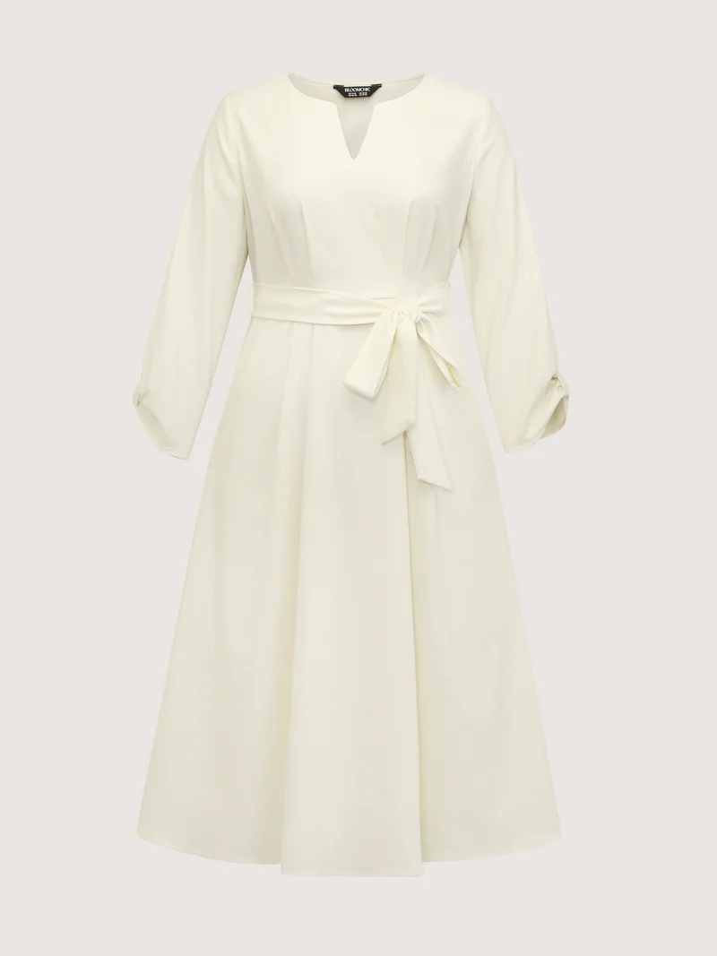 Pleated Split Neck Waist-Tie Maxi Dress