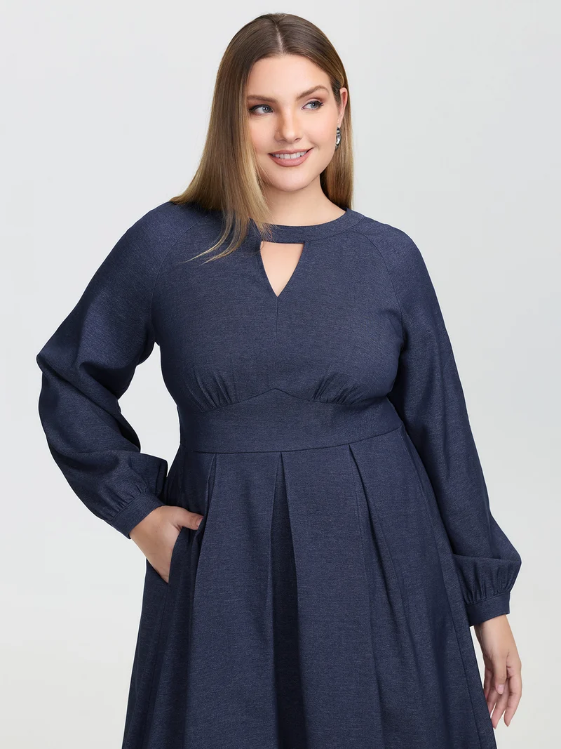 Denim-Like Pleated Cut-Out Neck Maxi Dress