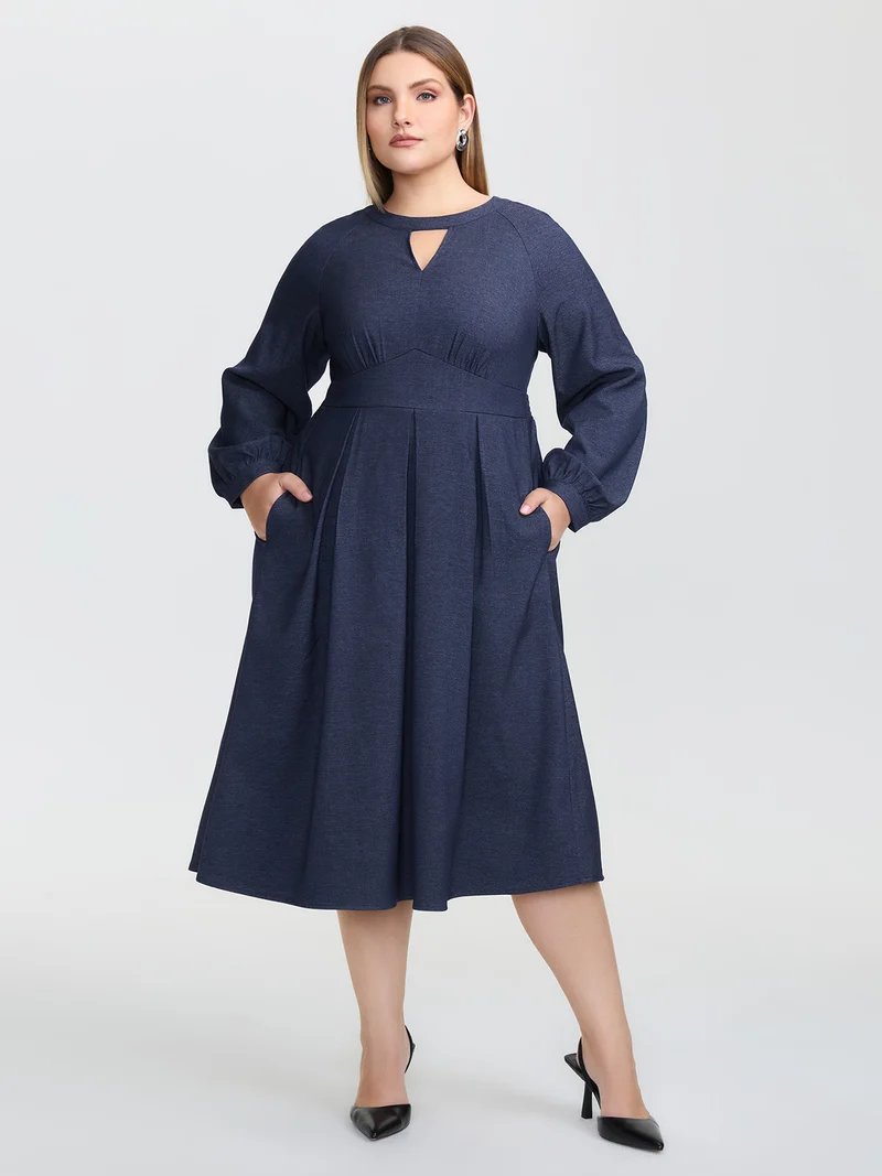 Denim-Like Pleated Cut-Out Neck Maxi Dress