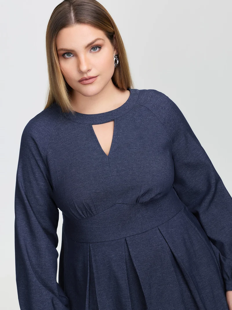 Denim-Like Pleated Cut-Out Neck Maxi Dress