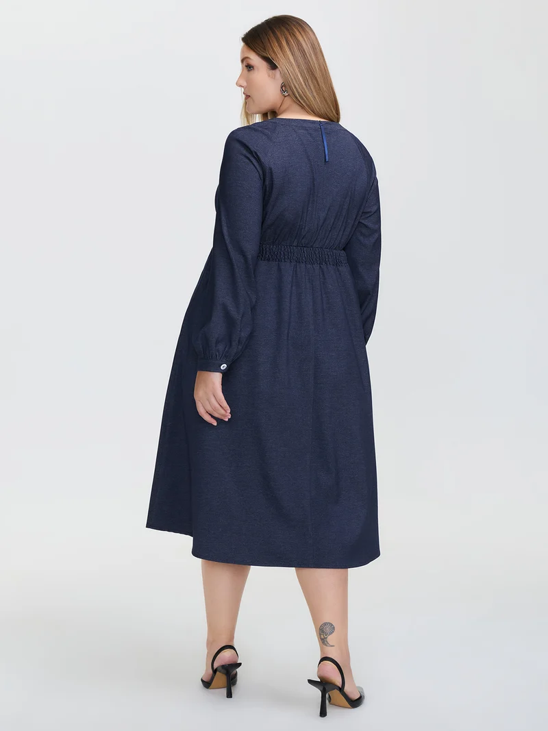 Denim-Like Pleated Cut-Out Neck Maxi Dress