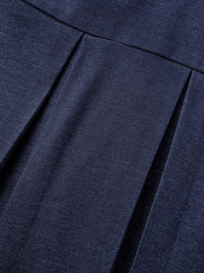 Denim-Like Pleated Cut-Out Neck Maxi Dress