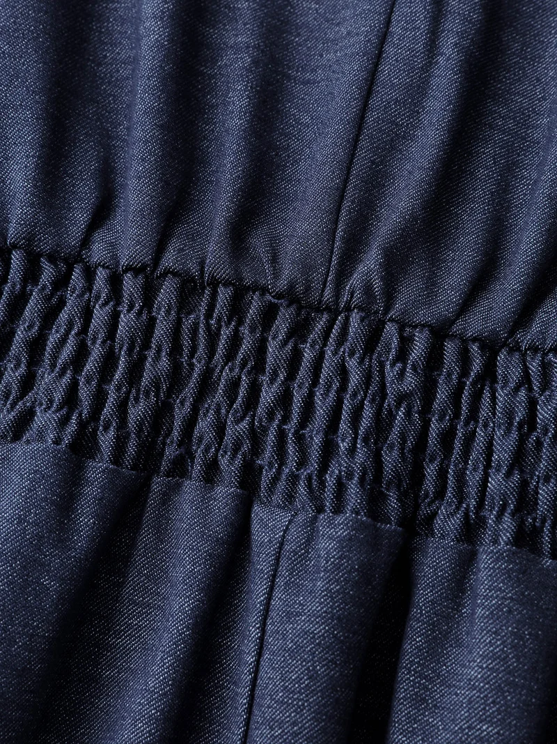 Denim-Like Pleated Cut-Out Neck Maxi Dress
