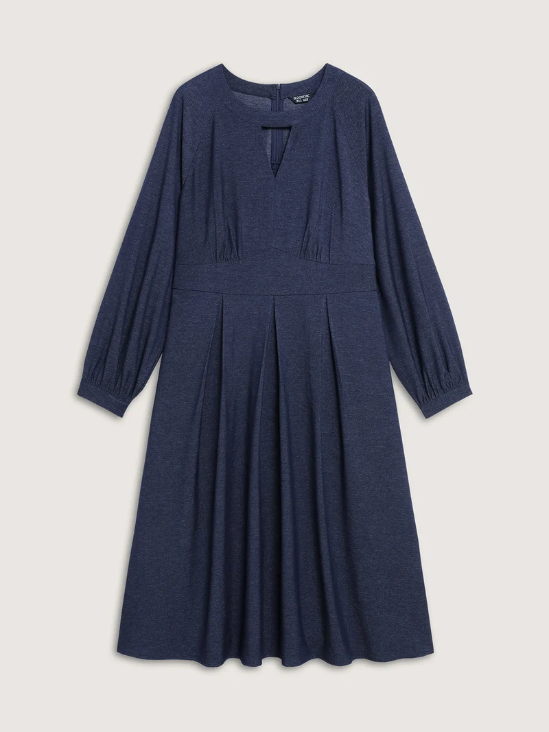 Denim-Like Pleated Cut-Out Neck Maxi Dress