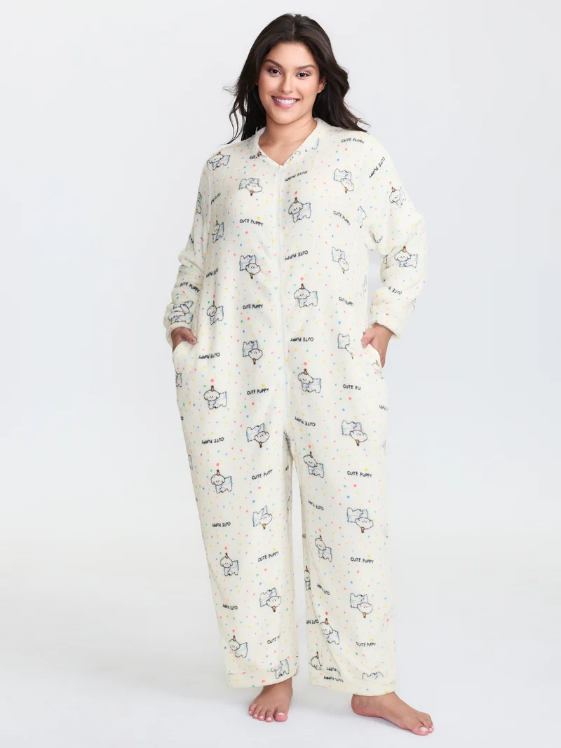 Cozy Puppy Print Zipper Front Lounge Jumpsuit
