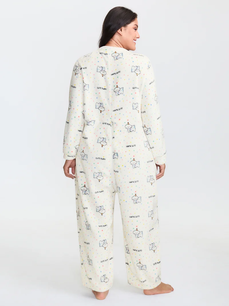 Cozy Puppy Print Zipper Front Lounge Jumpsuit