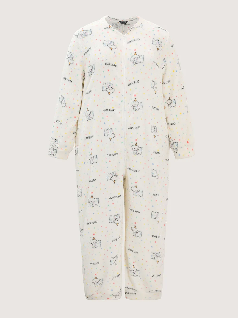 Cozy Puppy Print Zipper Front Lounge Jumpsuit