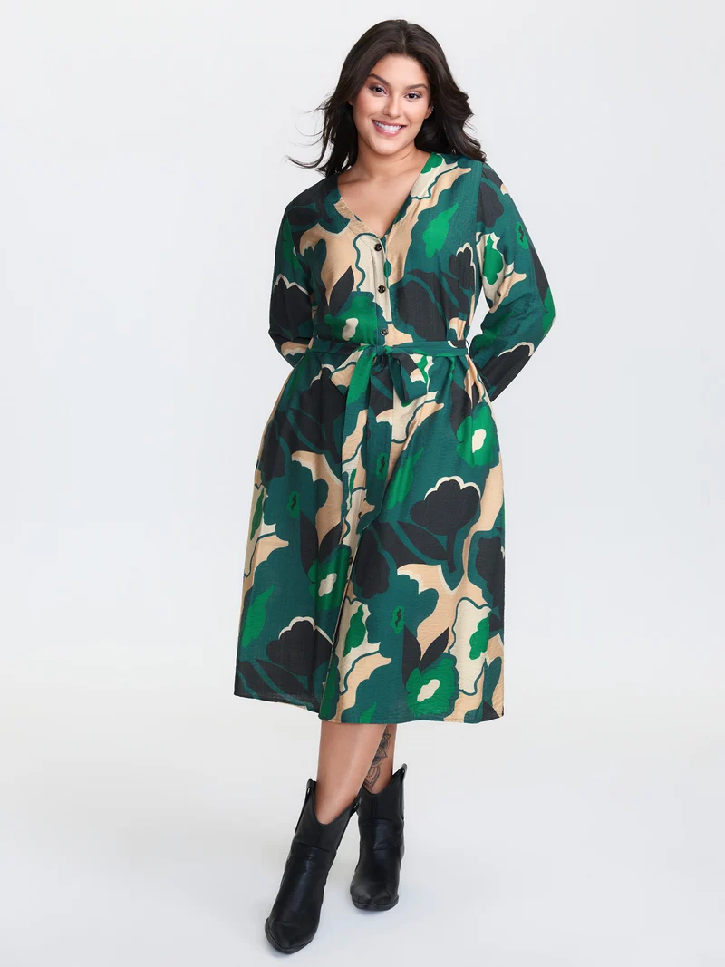Supersoft Split Hem Belted Abstract Midi Dress