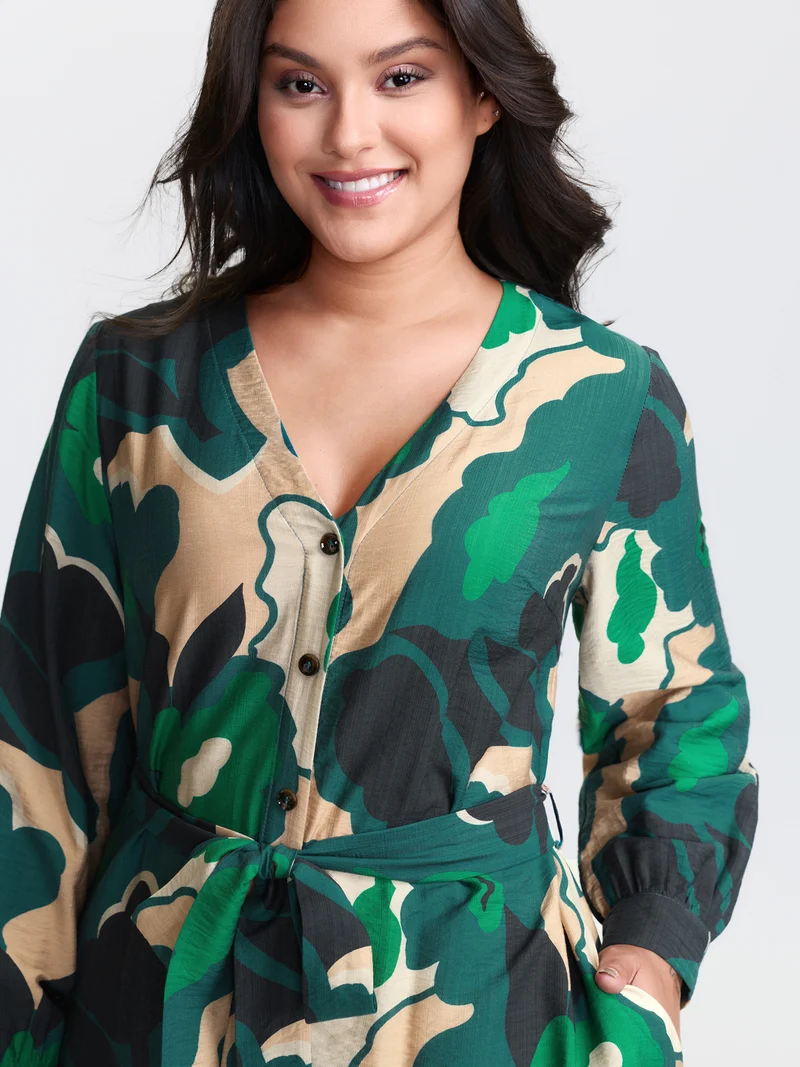 Supersoft Split Hem Belted Abstract Midi Dress