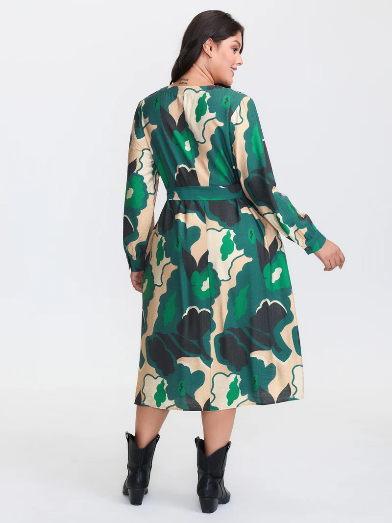 Supersoft Split Hem Belted Abstract Midi Dress