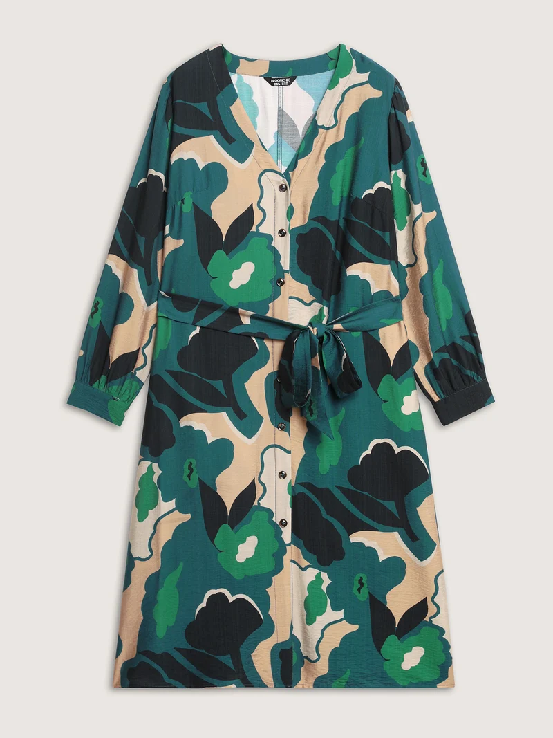 Supersoft Split Hem Belted Abstract Midi Dress
