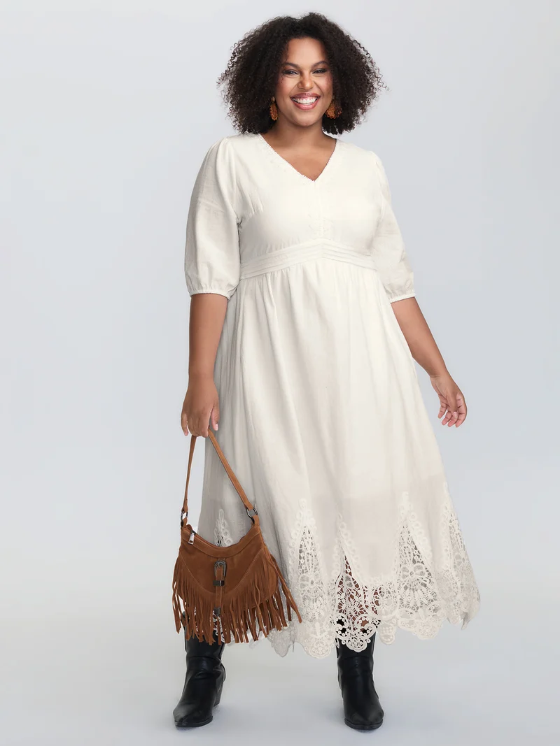 Pure Cotton Embroidered Hem Lace Midi Dress