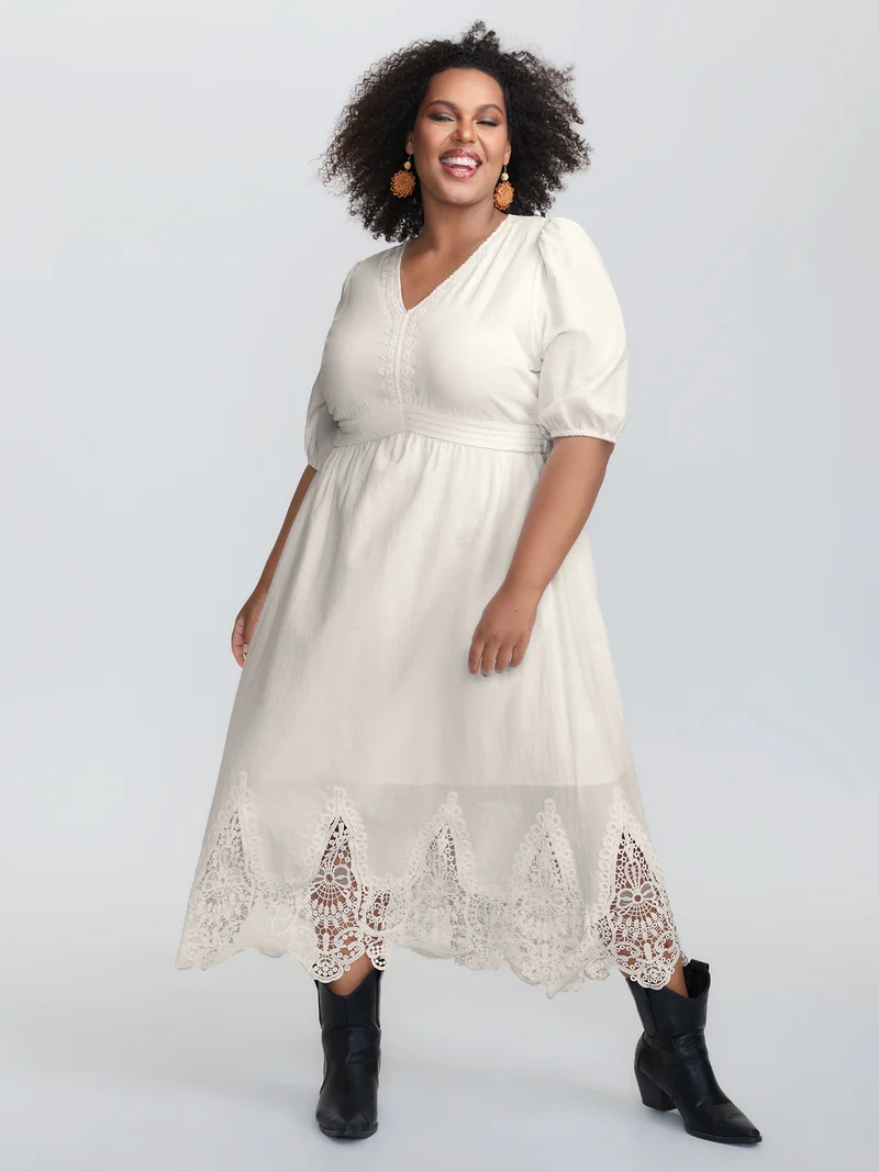Pure Cotton Embroidered Hem Lace Midi Dress