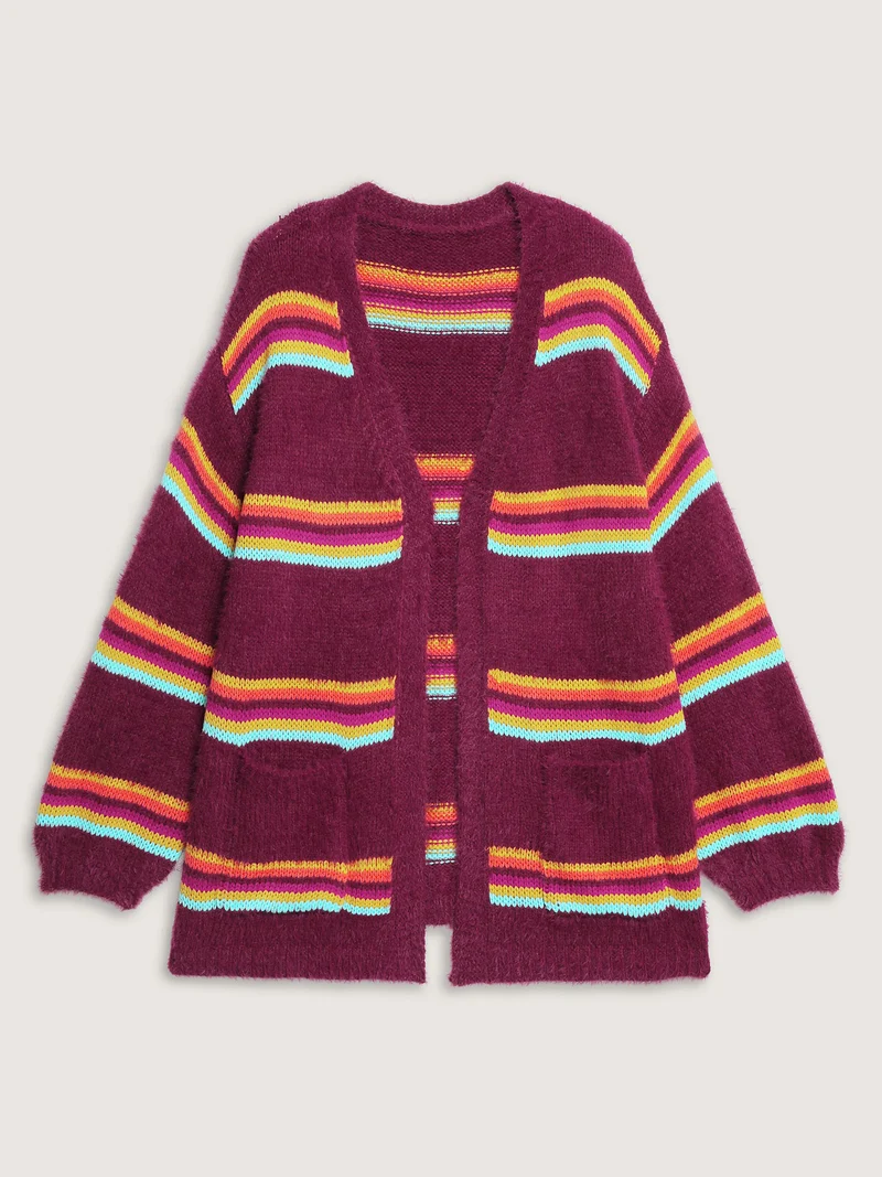Colorful Stripe Furry Textured Knit Cardigan