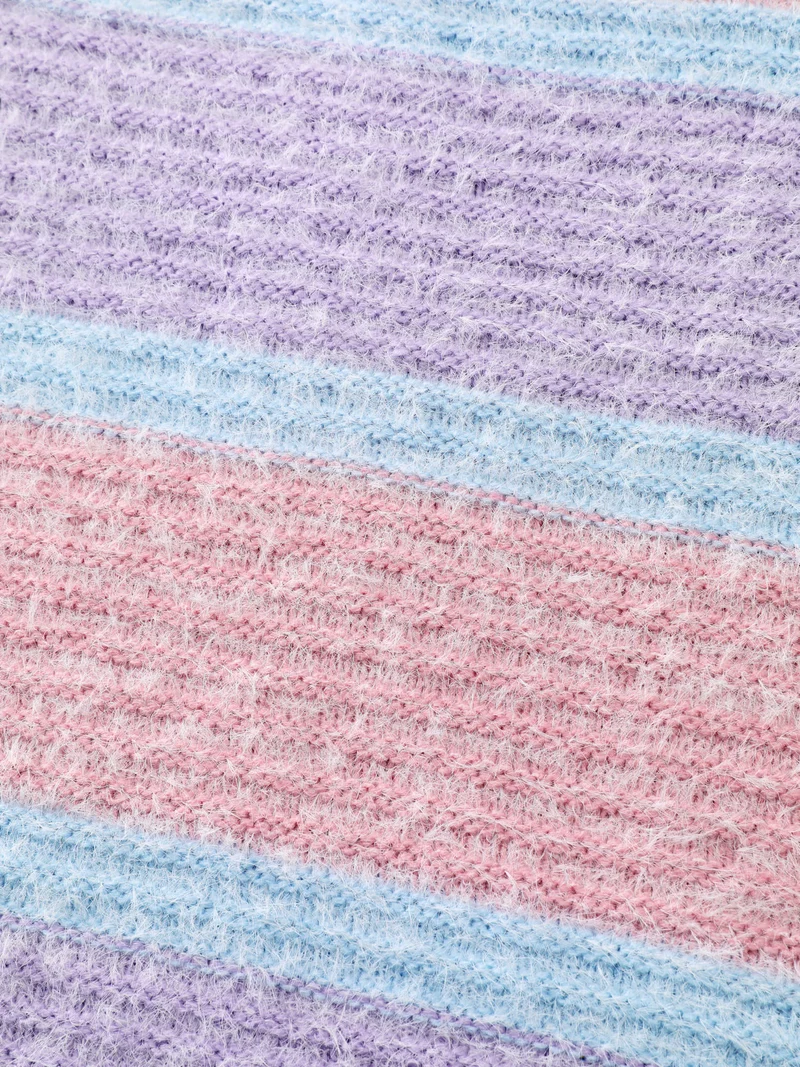 Color Stripe Fluffy Textured Pullover