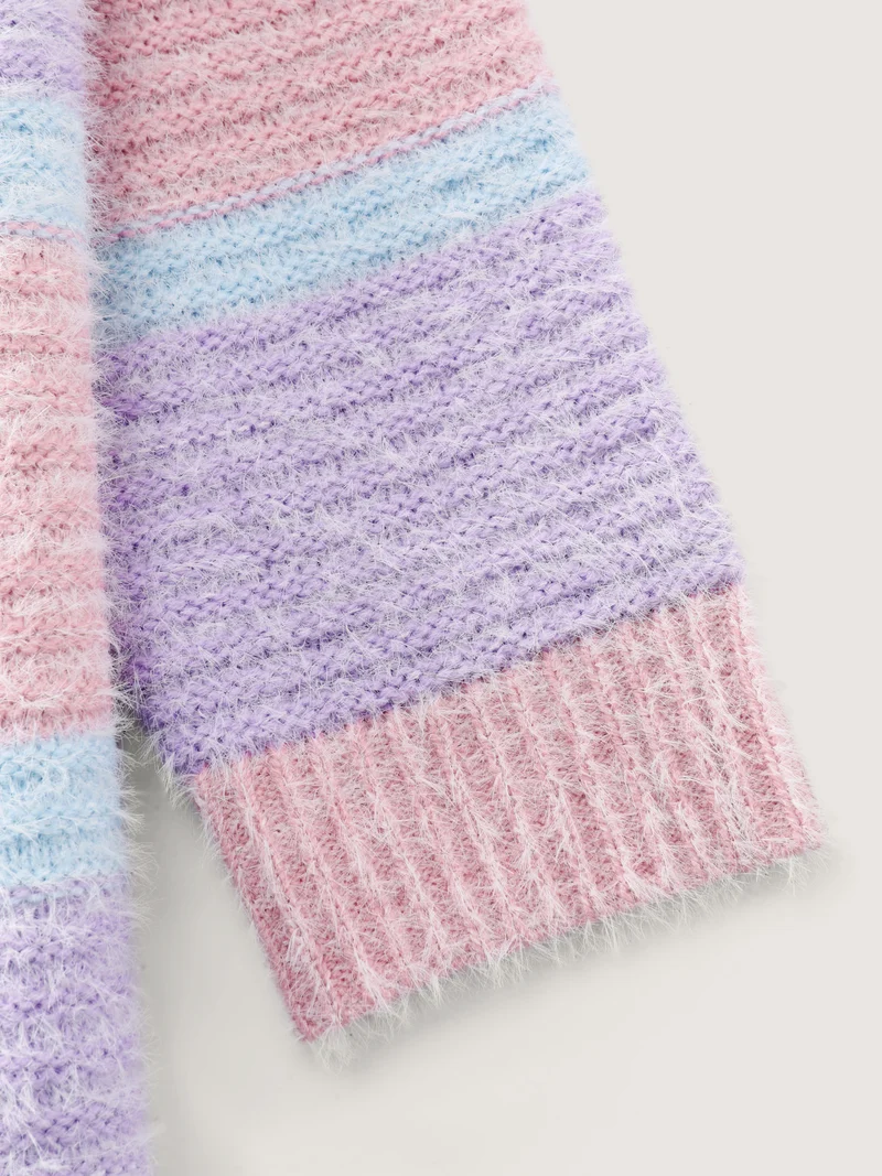 Color Stripe Fluffy Textured Pullover