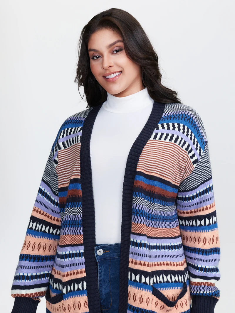 Multicolor Stripe Jacquard Pockets Knit Cardigan