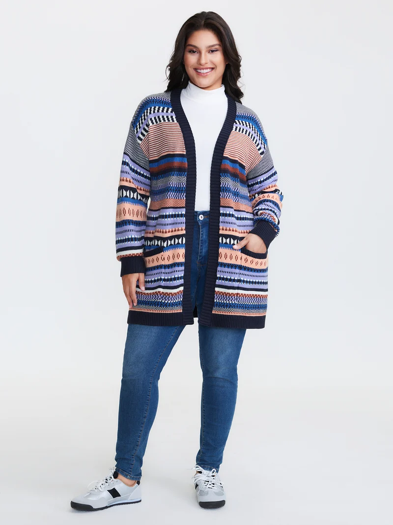Multicolor Stripe Jacquard Pockets Knit Cardigan