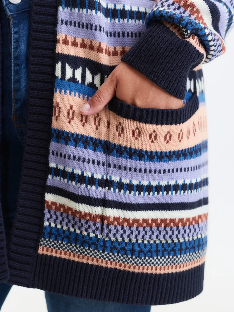 Multicolor Stripe Jacquard Pockets Knit Cardigan