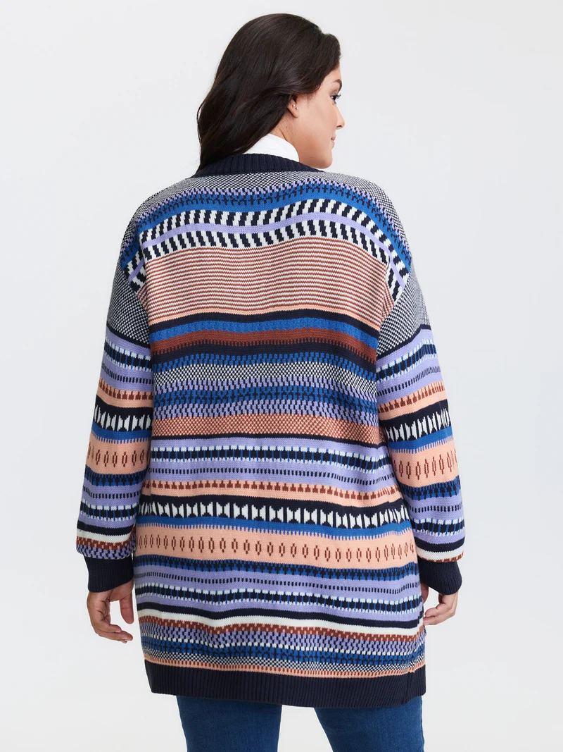 Multicolor Stripe Jacquard Pockets Knit Cardigan