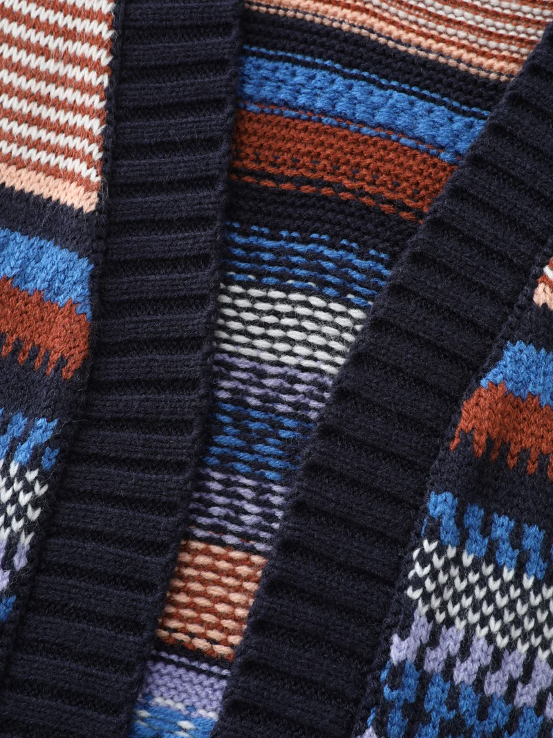 Multicolor Stripe Jacquard Pockets Knit Cardigan