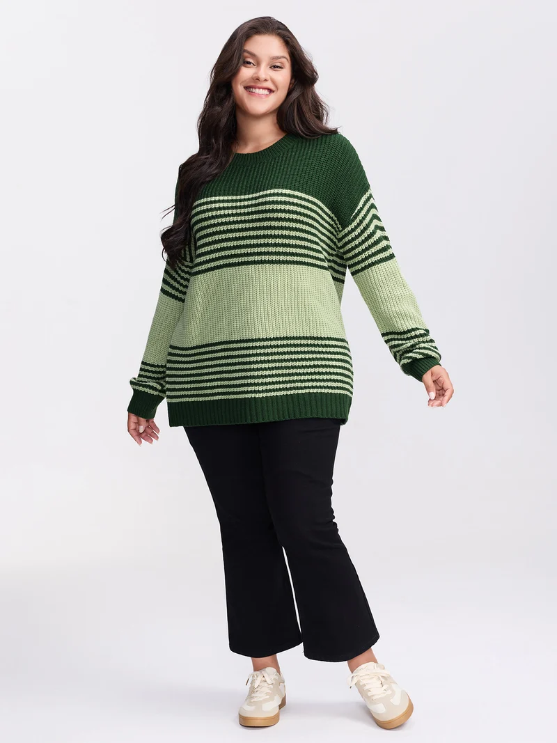 Color Contrast Stripe Round Neck Pullover