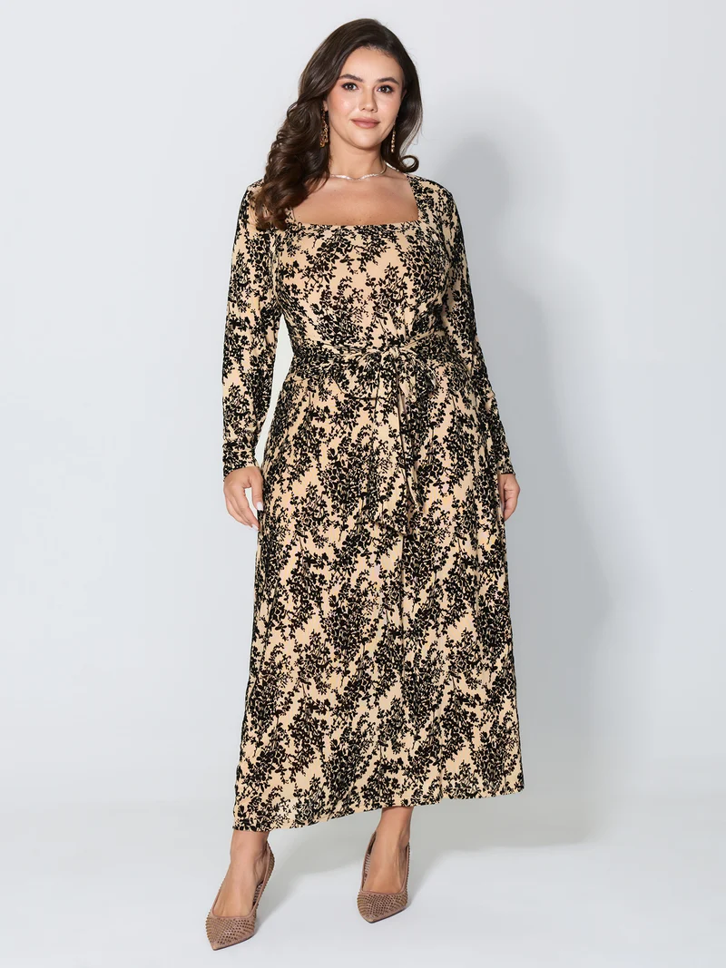Floral Print Belted Waist-Defining Maxi Dress