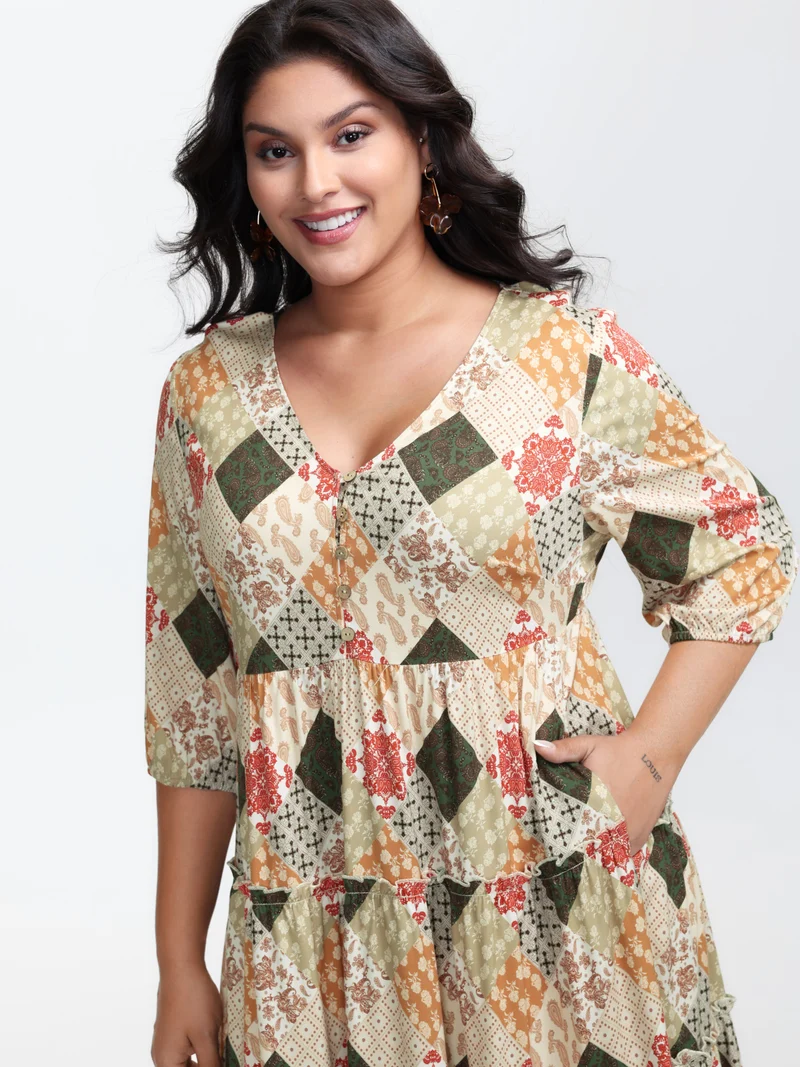 Boho Print A-Line Tiered Knee-Length Dress
