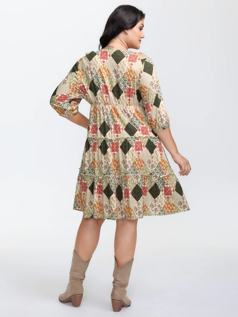 Boho Print A-Line Tiered Knee-Length Dress