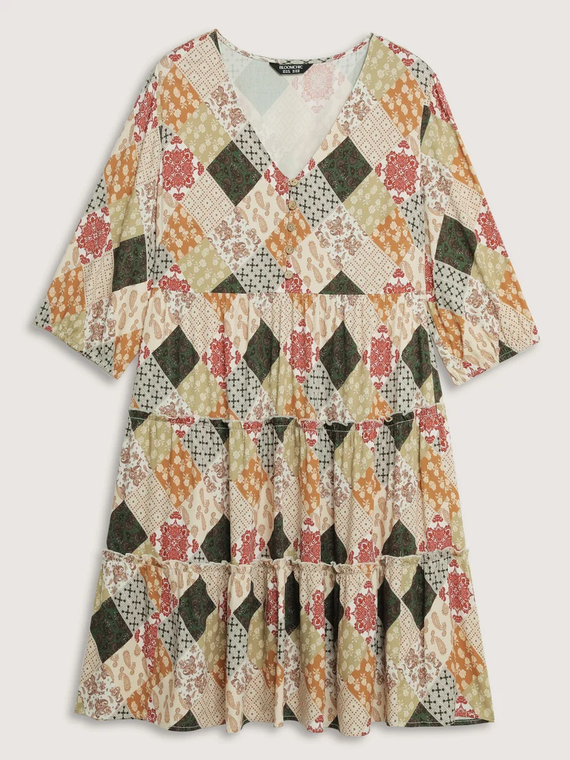 Boho Print A-Line Tiered Knee-Length Dress