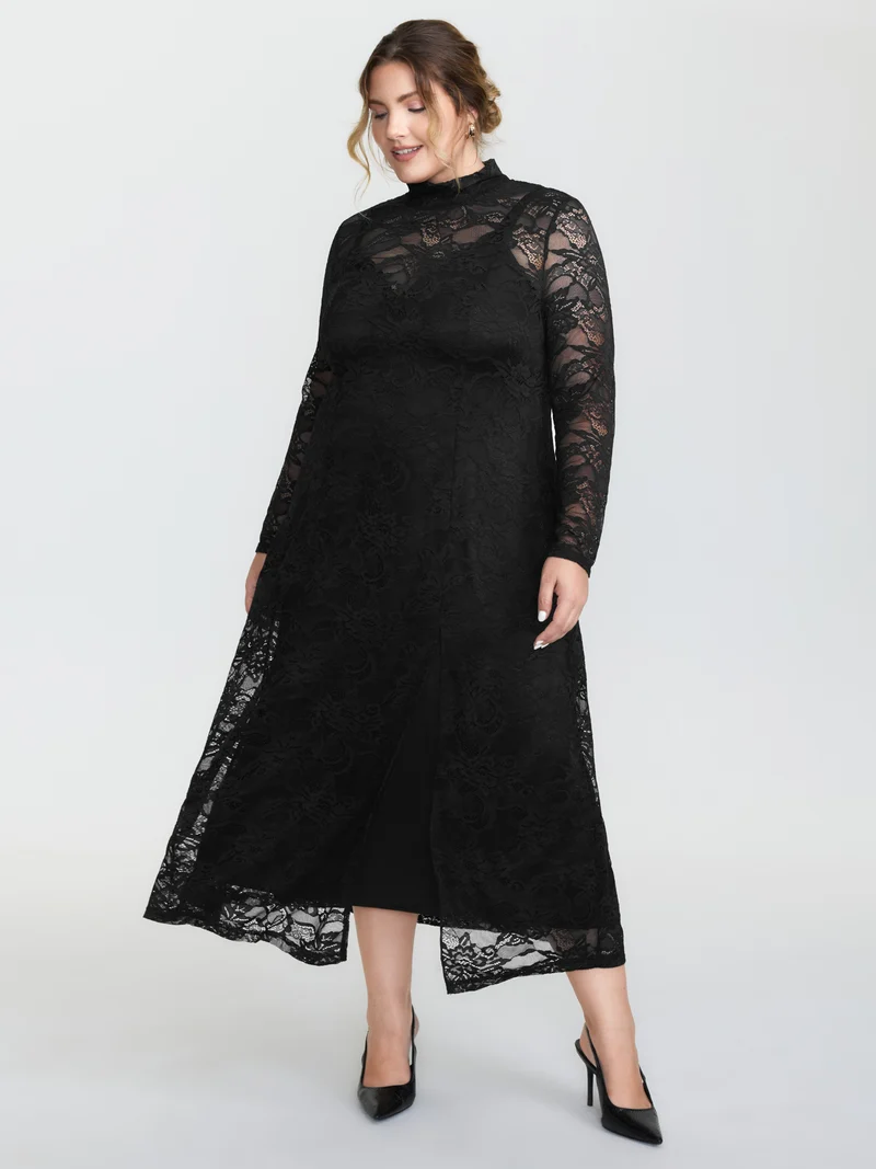 Satin Sheer Two-Piece Lace Maxi Dress