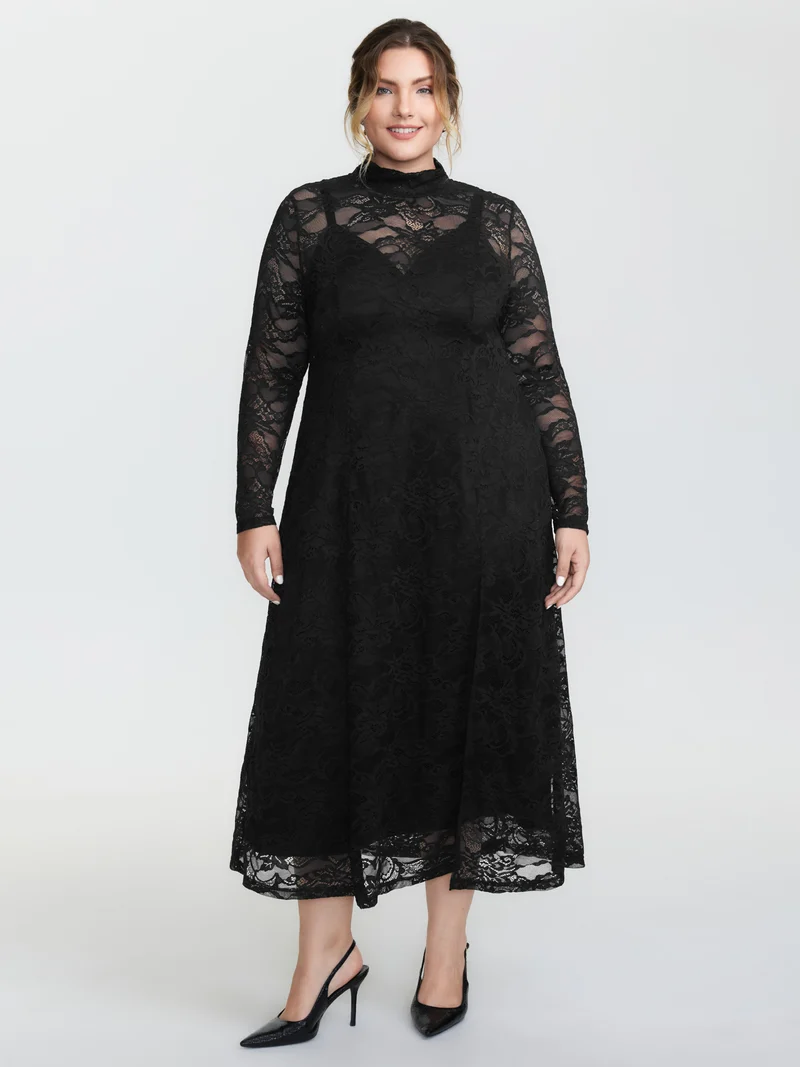 Satin Sheer Two-Piece Lace Maxi Dress