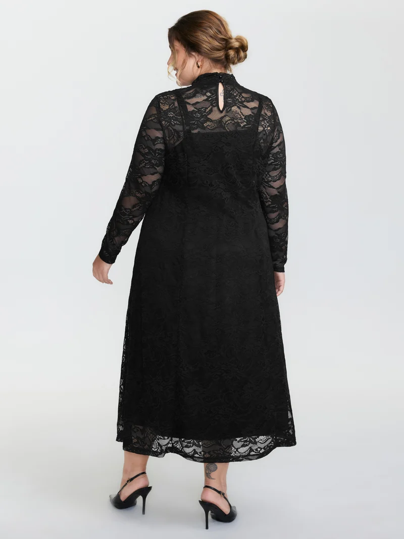 Satin Sheer Two-Piece Lace Maxi Dress