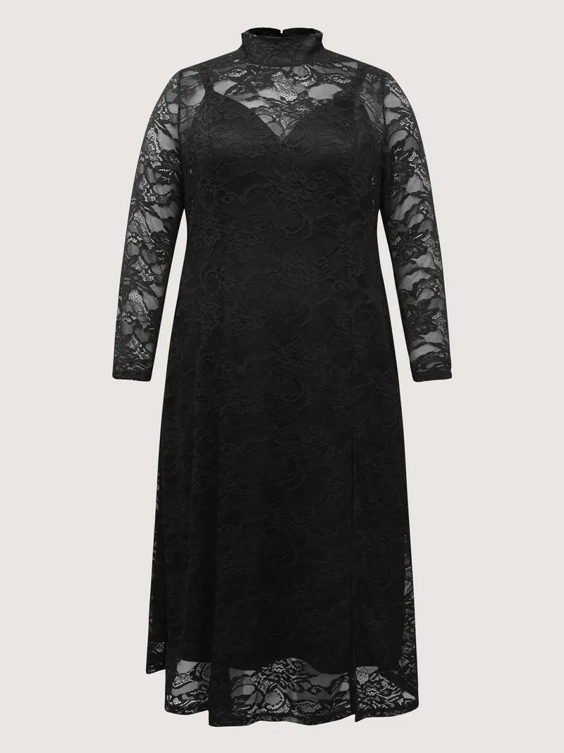 Satin Sheer Two-Piece Lace Maxi Dress