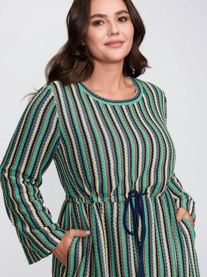 Multi-Color Stripe Drawstring Waist Midi Dress